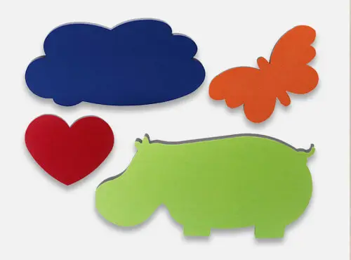 Absorptieplaten met motieven van een nijlpaard, een wolk, een hart, een puzzel of een vlinder, als geluidswering in scholen en kleuterscholen.