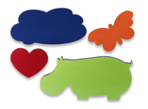 Absorptieplaat met motief in vele vormen en kleuren Absorptieplaat met motief in verschillende vormen en kleuren als geluidsisolatie voor in de kinderkamer.