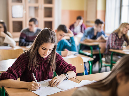Geluidsisolatie op school is bevorderlijk voor het leren en geconcentreerd werken. Een meisje zit geconcentreerd te werken in de klas van een school met geluidsisolatie en bescherming tegen geluidsoverlast.