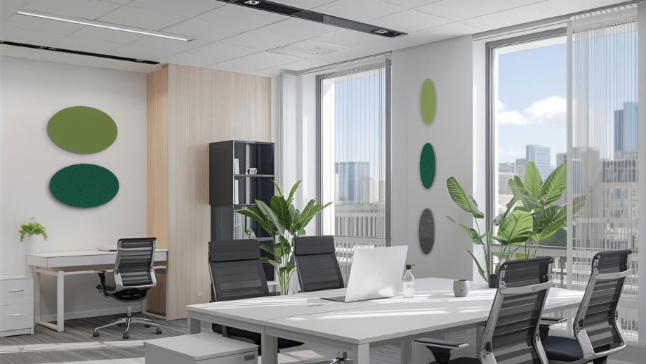 Ronde akoestische absorbers met vilten oppervlak in het kantoor