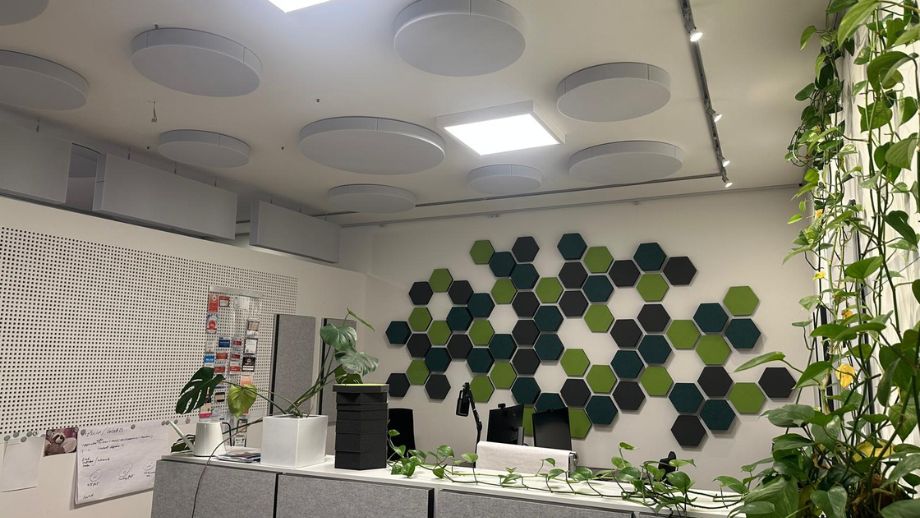 Diverse aixFOAM Akustikabsorber an den Wänden und der Decke im Büro